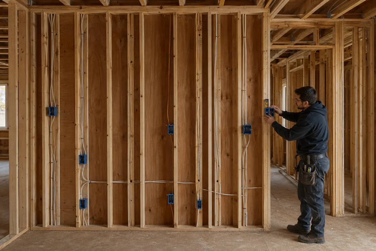Complete organized residential electrical rough-in with aligned boxes and controlled cable routing