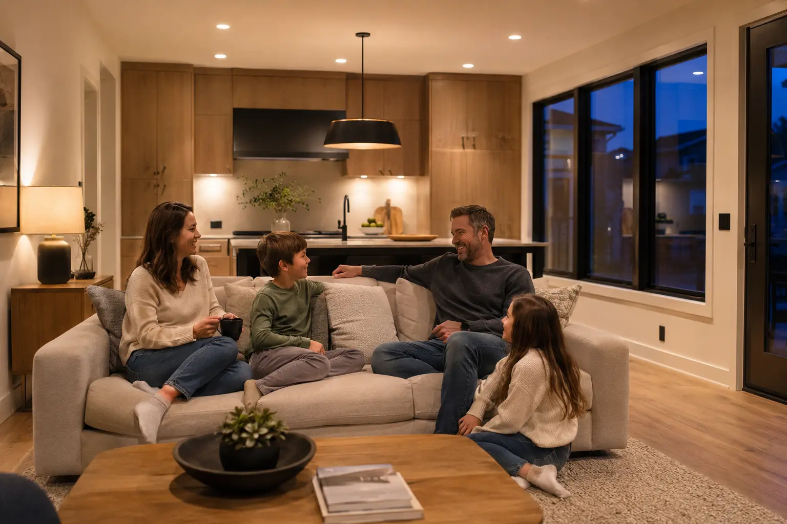 Happy family enjoying the lighting and finished electrical installation in their new Wisconsin home