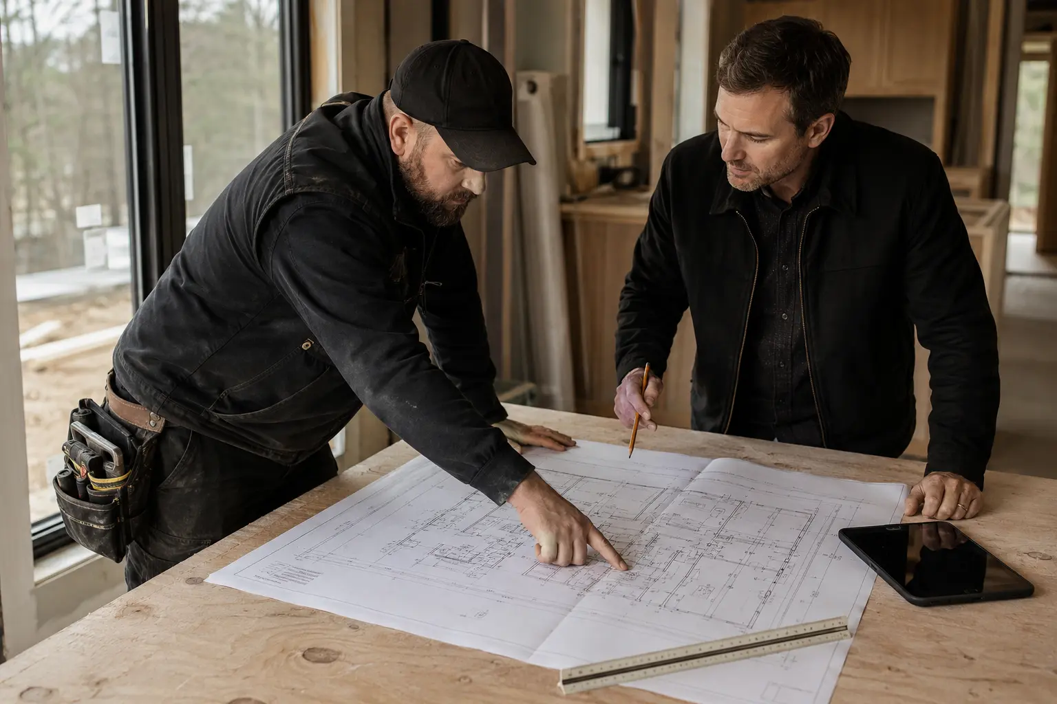 Electricians coordinating clean residential rough-in from construction plans